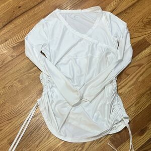 Athleta White V‑Neck Long Sleeve Tee with Side Ruched Ties Sz L. Fair condition